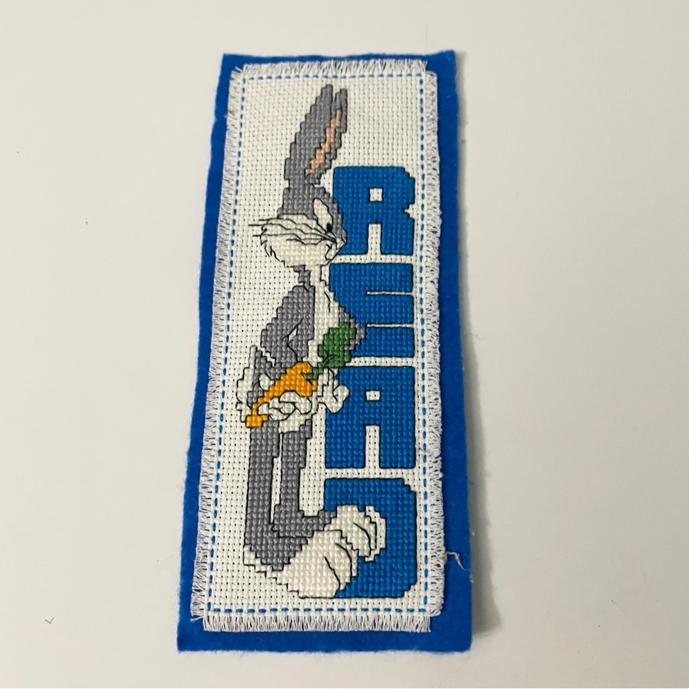 Vintage Bugs Bunny Cross Stitch Bookmark Handmade Looney Tunes Blue